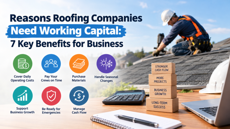 Reasons roofing companies need working capital, highlighting seven benefits including covering operating costs, paying crews, purchasing materials, managing seasonal changes, supporting business growth, preparing for emergencies, and maintaining cash flow.